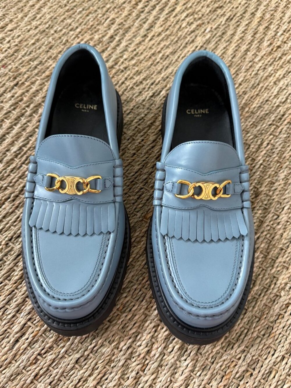 New Celine Triomphe Chain Loafers — "Blue Jean" Gray-Blue, EU 40